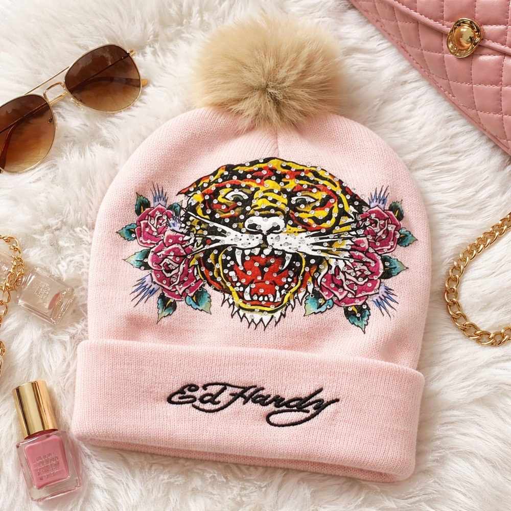 Ed Hardy Pink Tiger Rhinestone Beanie Faux Fur Pom Hat NWT